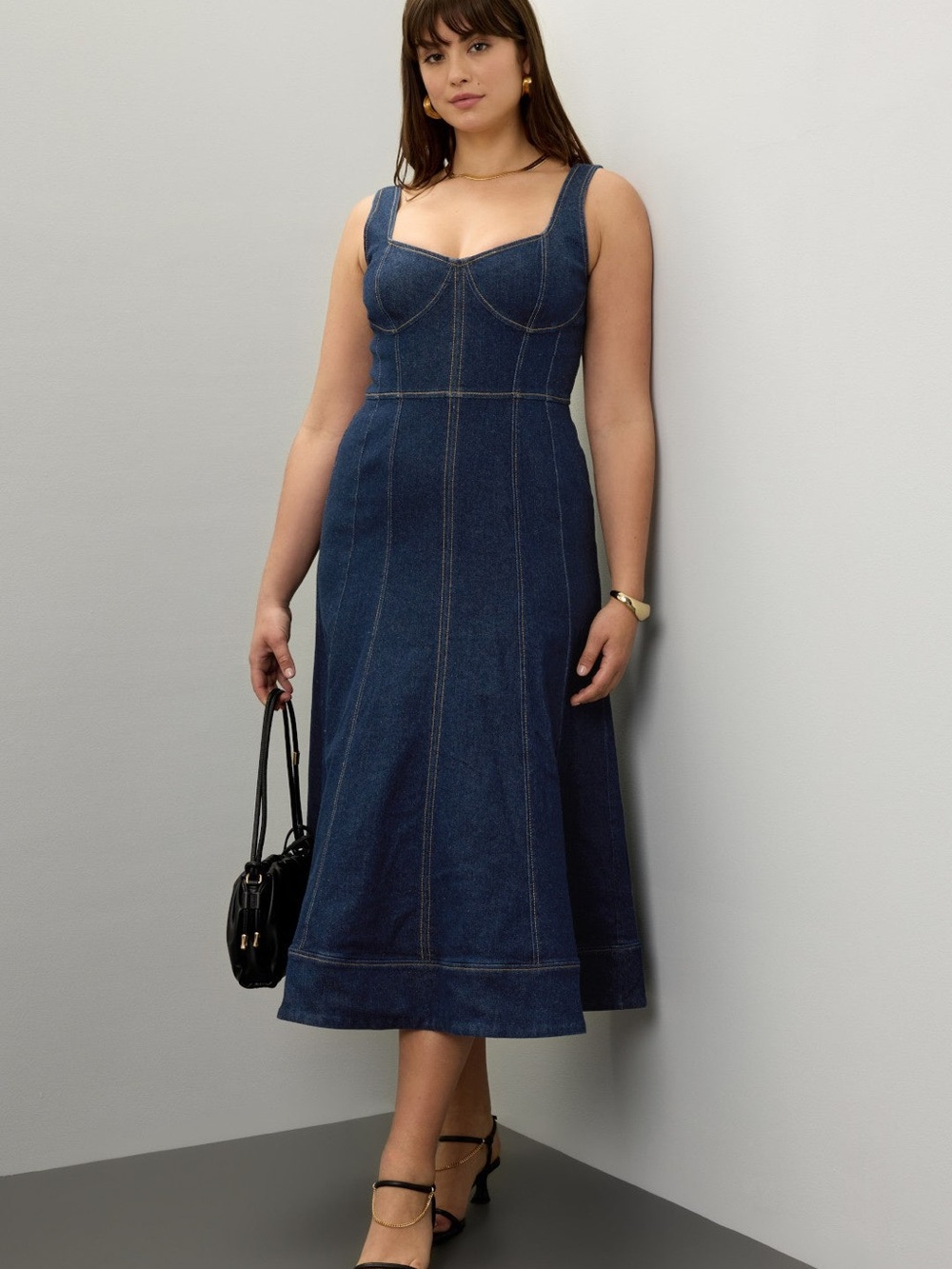 Jason Wu Dark Blue Denim Midi Dress with Bustier Detail - Picture 1 of 5